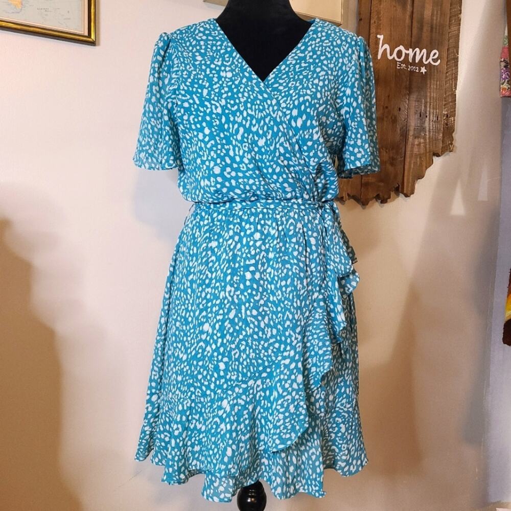 Francescas Jun & Ivy Faux Wrap Ditsy Floral Blue Teal Ruffle Dress Womens Medium